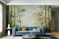 The image shows a peaceful, natural scene with bamboo stalks.

