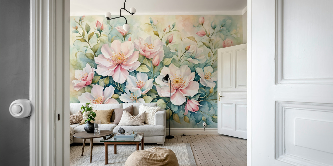 A wall mural of a floral pattern.


