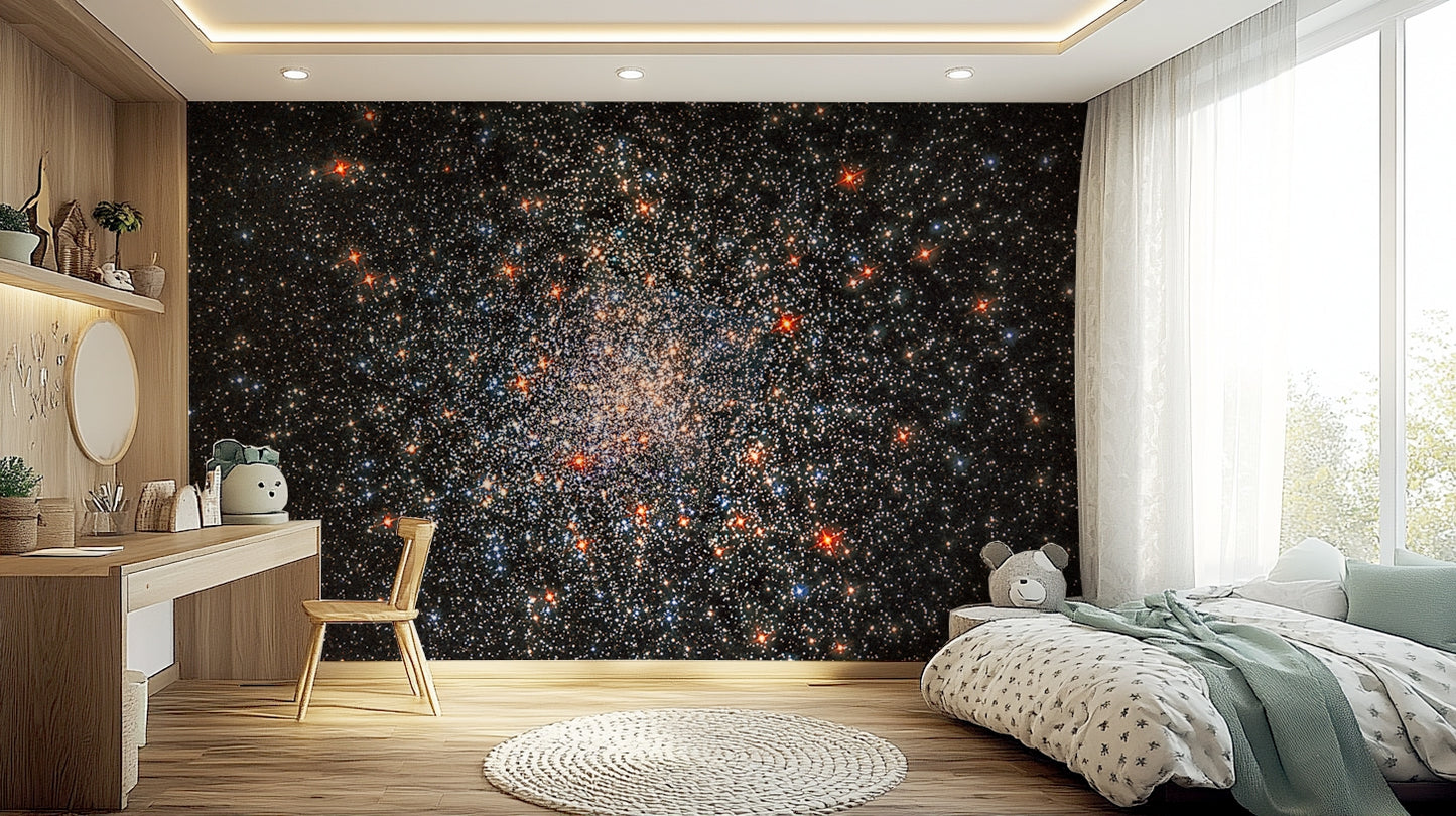 A wall mural of a cosmic landscape.

