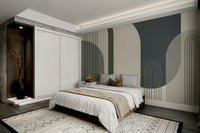 A wall mural of a geometric arches pattern.

