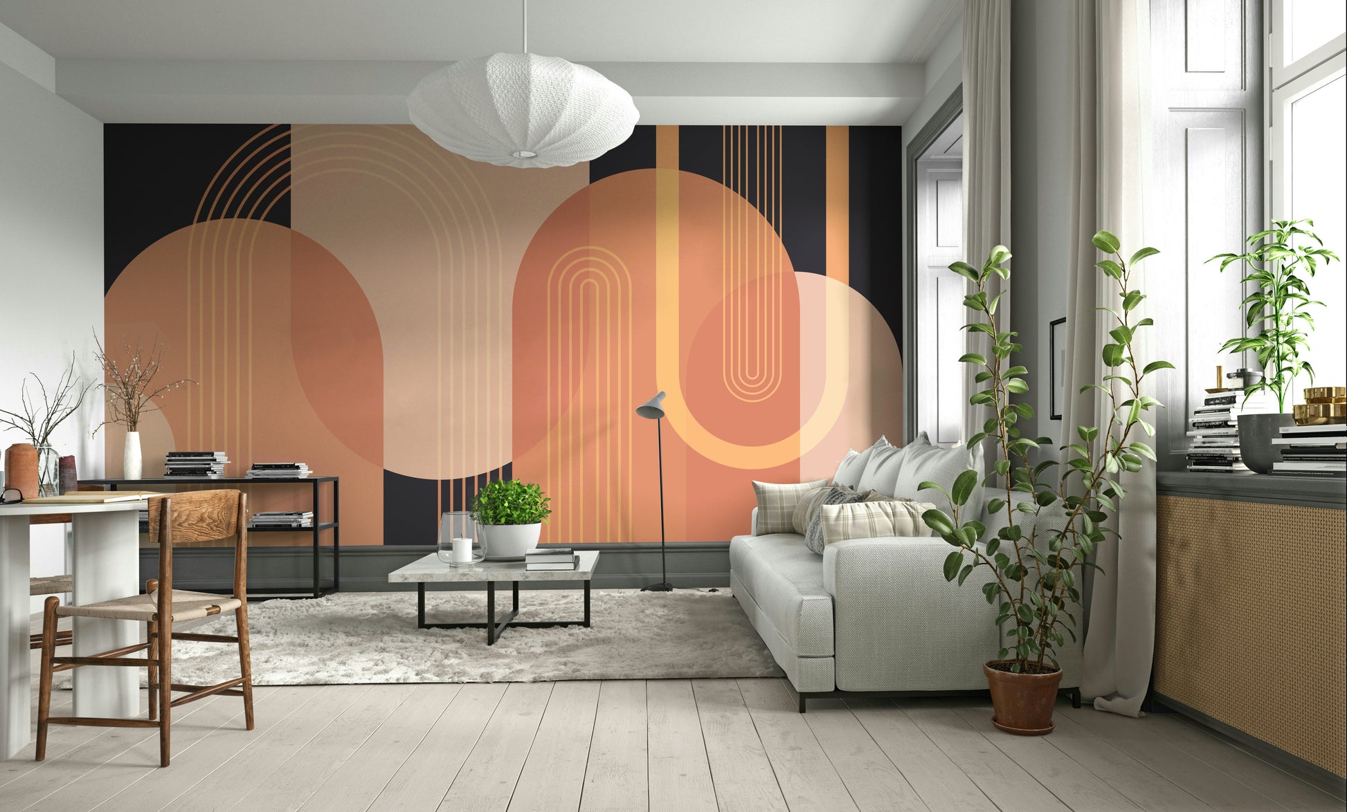 A wall mural of a geometric arches pattern.

