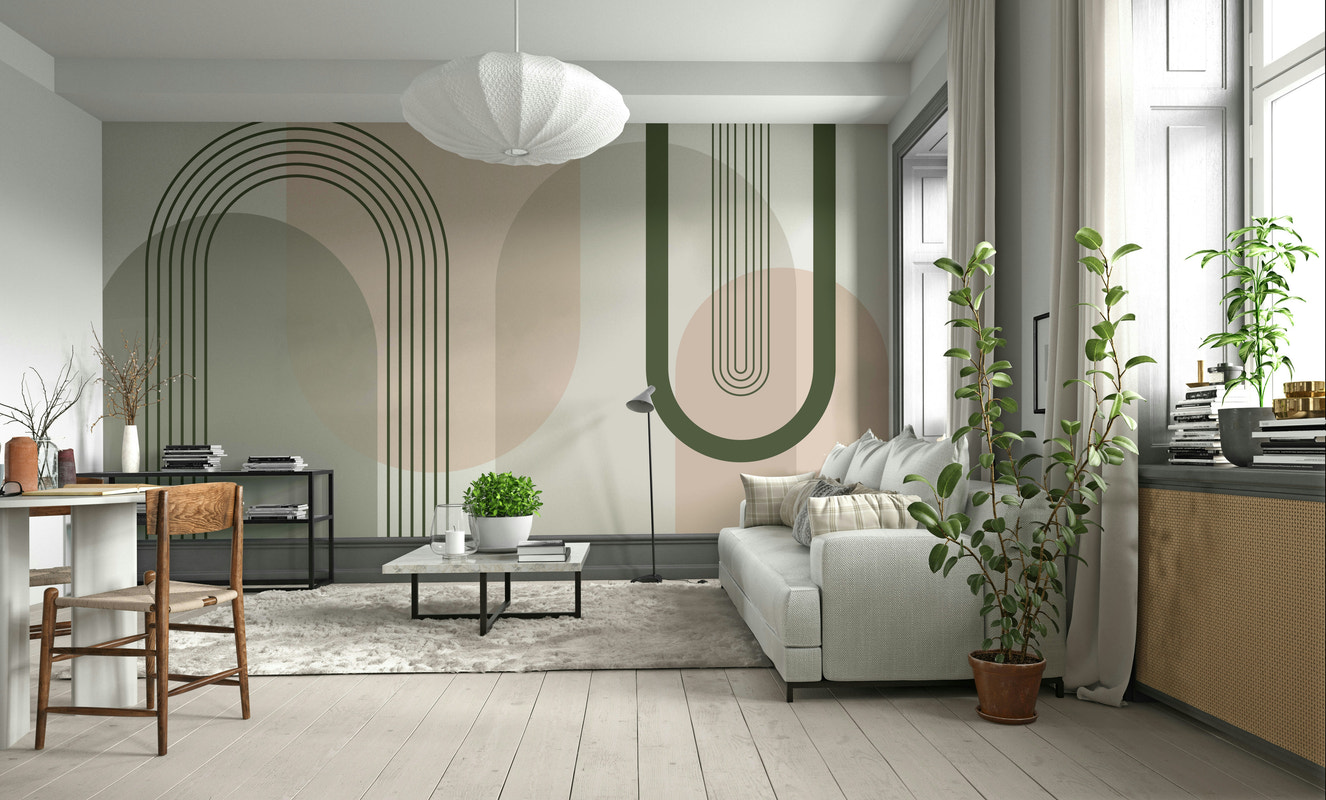 A wall mural of an abstract, geometric pattern.

