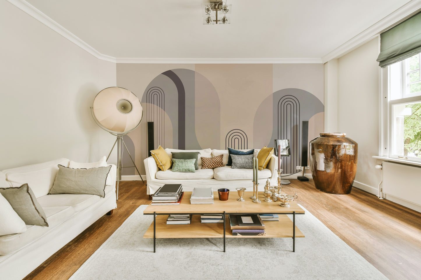 The colors are soft, muted tones of beige, cream, and gray.

