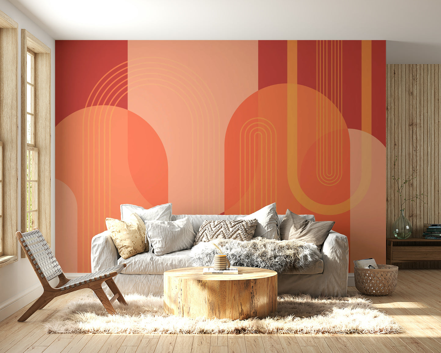 The colors are soft, muted tones of terracotta, beige, and sand.

