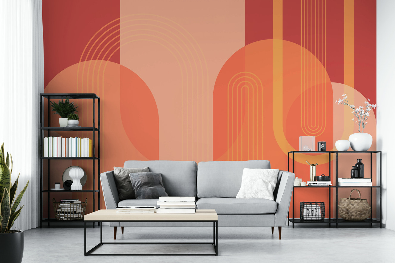 A wall mural of an abstract, geometric pattern.

