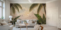 A wall mural of a peaceful coastal landscape.

