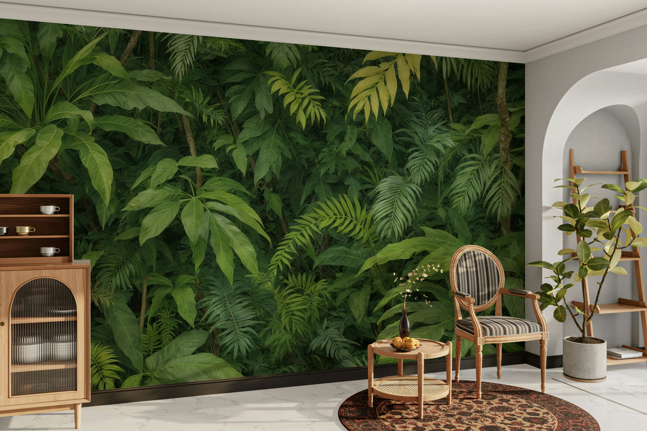A wall mural of a peaceful jungle canopy.


