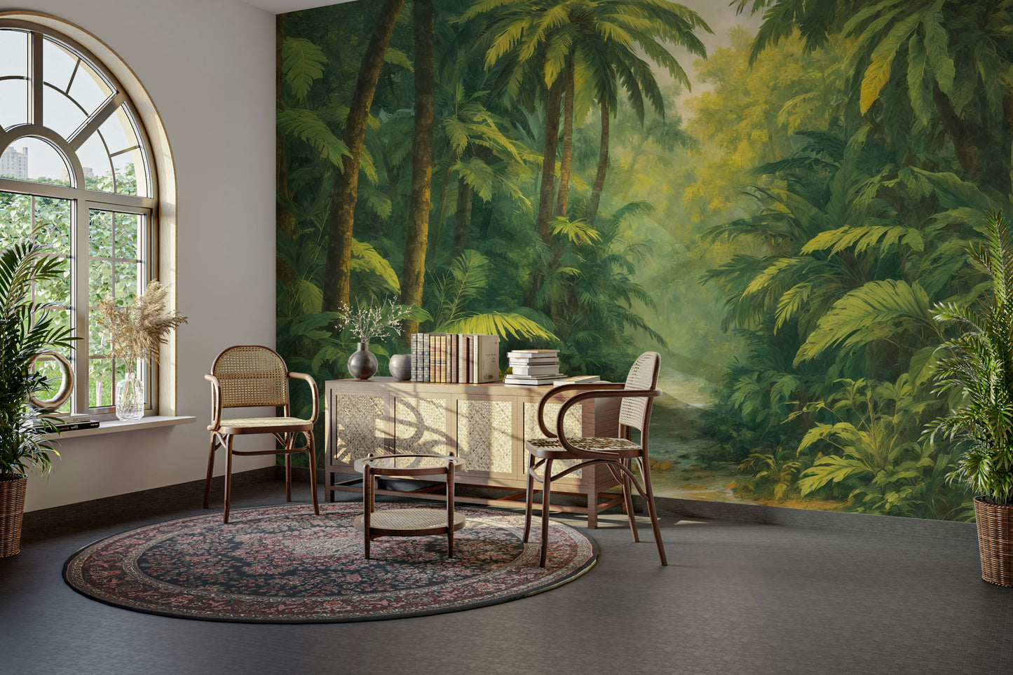 The image shows an artistic impression of a serene jungle scene with a stream.

