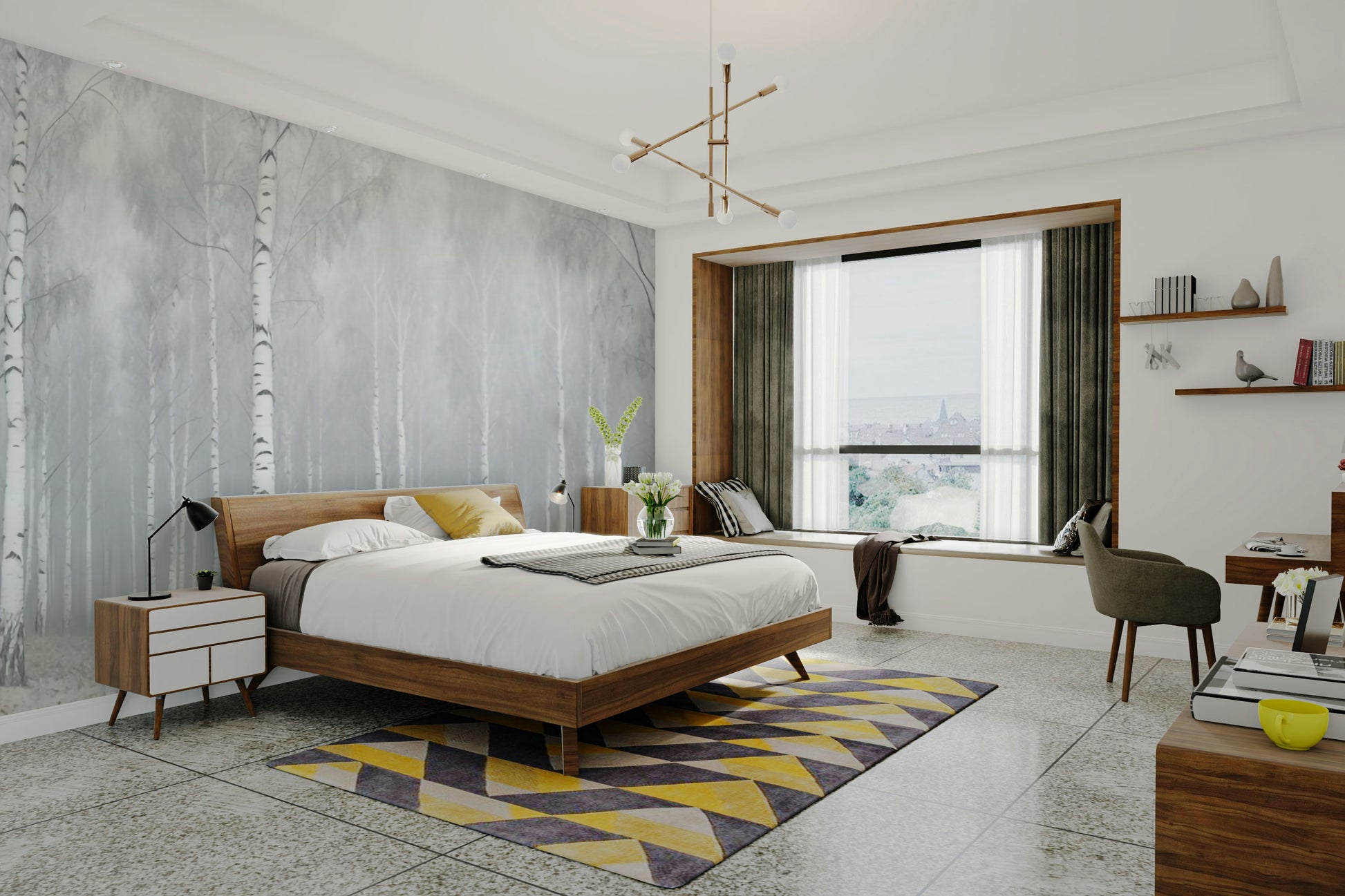 A room decorated with the Winter White Woods mural.

