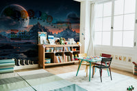 The scene includes bizarre rock formations and multiple moons in the sky.

