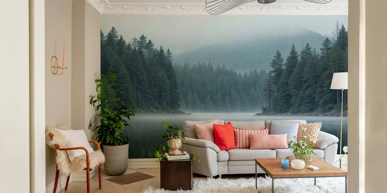 A wall mural of a forest scene with reflections.

