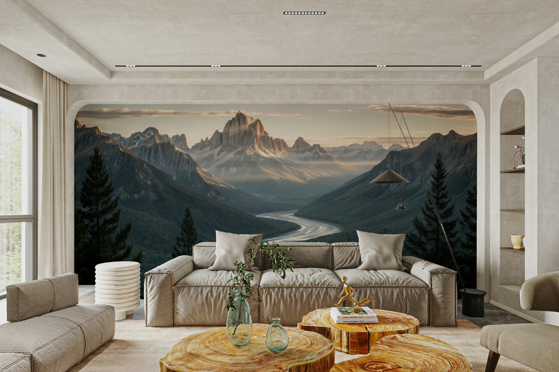 The mountains and river are a central focus of the image.

