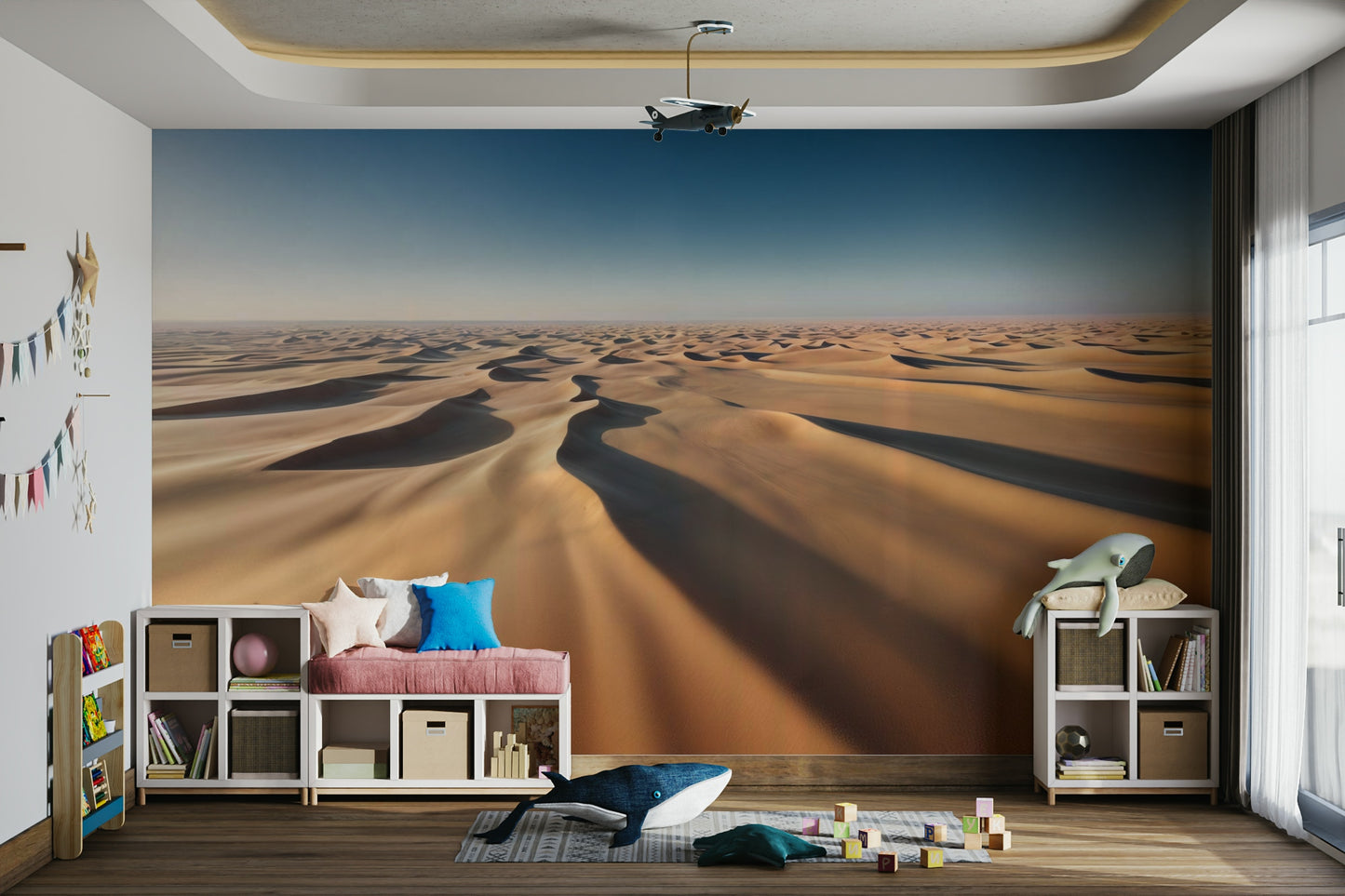 A wall mural of a peaceful desert landscape.

