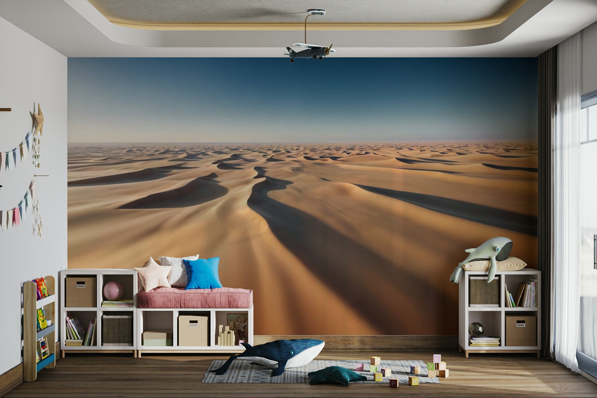 A wall mural of a peaceful desert landscape.

