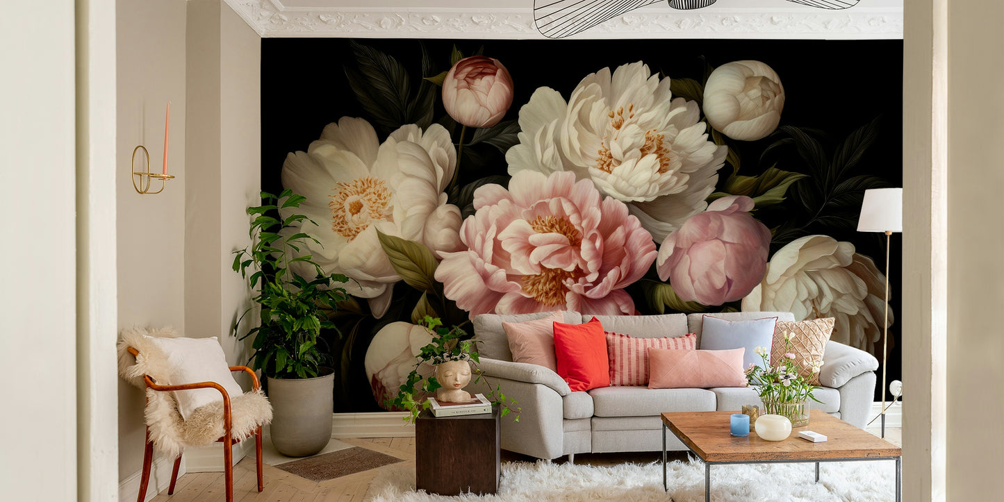 A wall mural of a floral botanical pattern.


