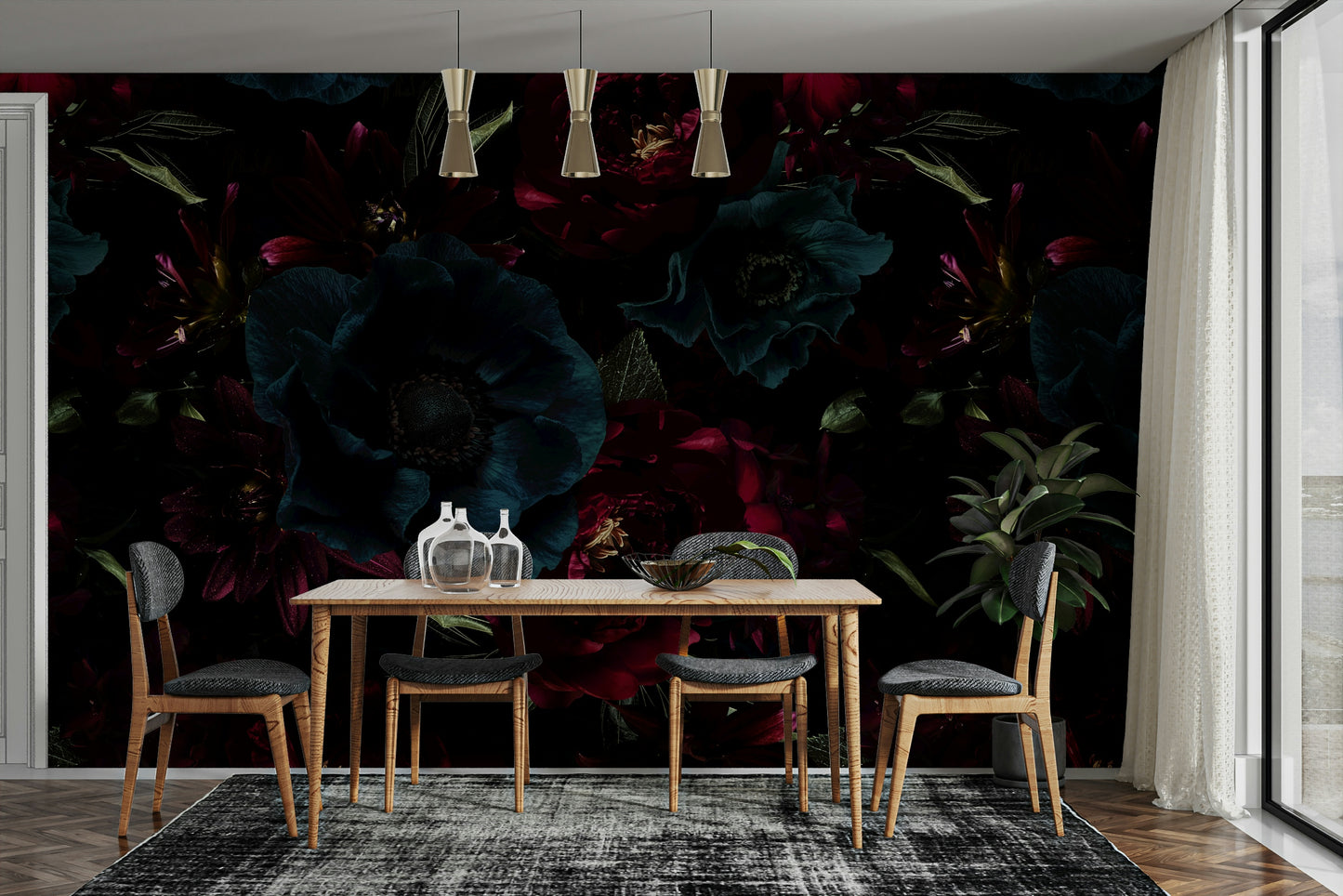 The image shows a peaceful, natural scene with dramatic peonies and other garden flowers.

