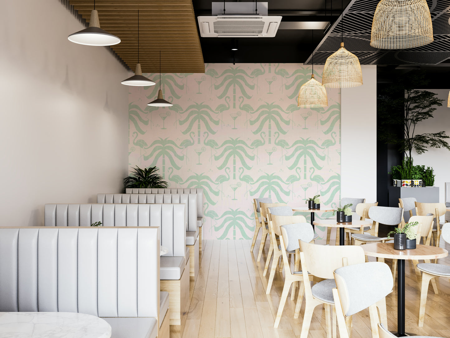 A wall mural of a tropical palm and flamingo pattern.

