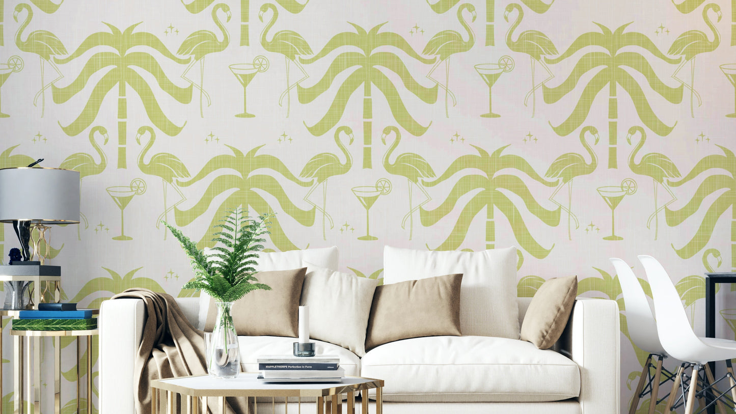 A wall mural of a tropical palm and flamingo pattern.

