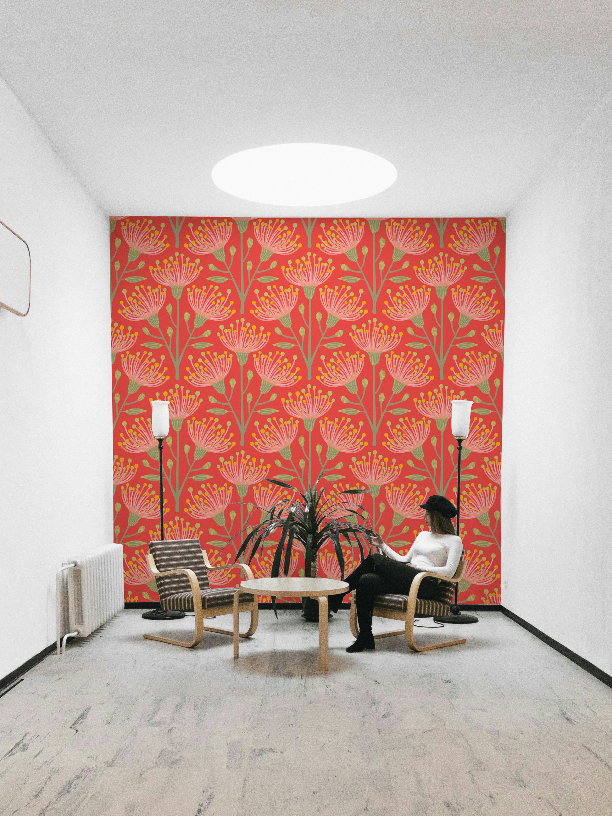 A wall mural of a floral botanical pattern.


