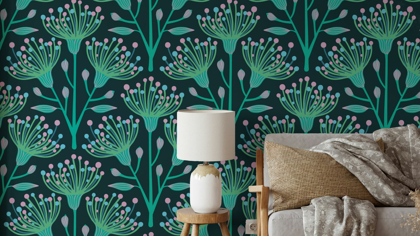 The image shows a peaceful, natural scene with a eucalyptus and floral pattern.

