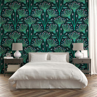 A wall mural of a floral botanical pattern.

