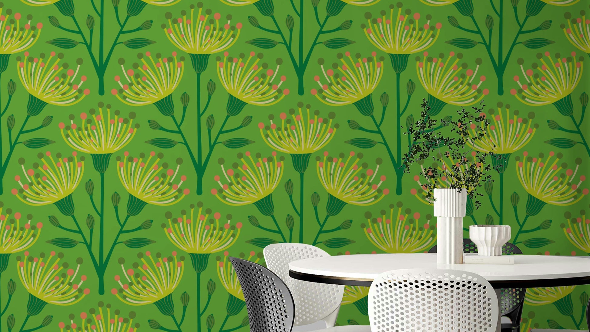 The colors are soft, muted tones of dark green, yellow, and orange on a lime green background.

