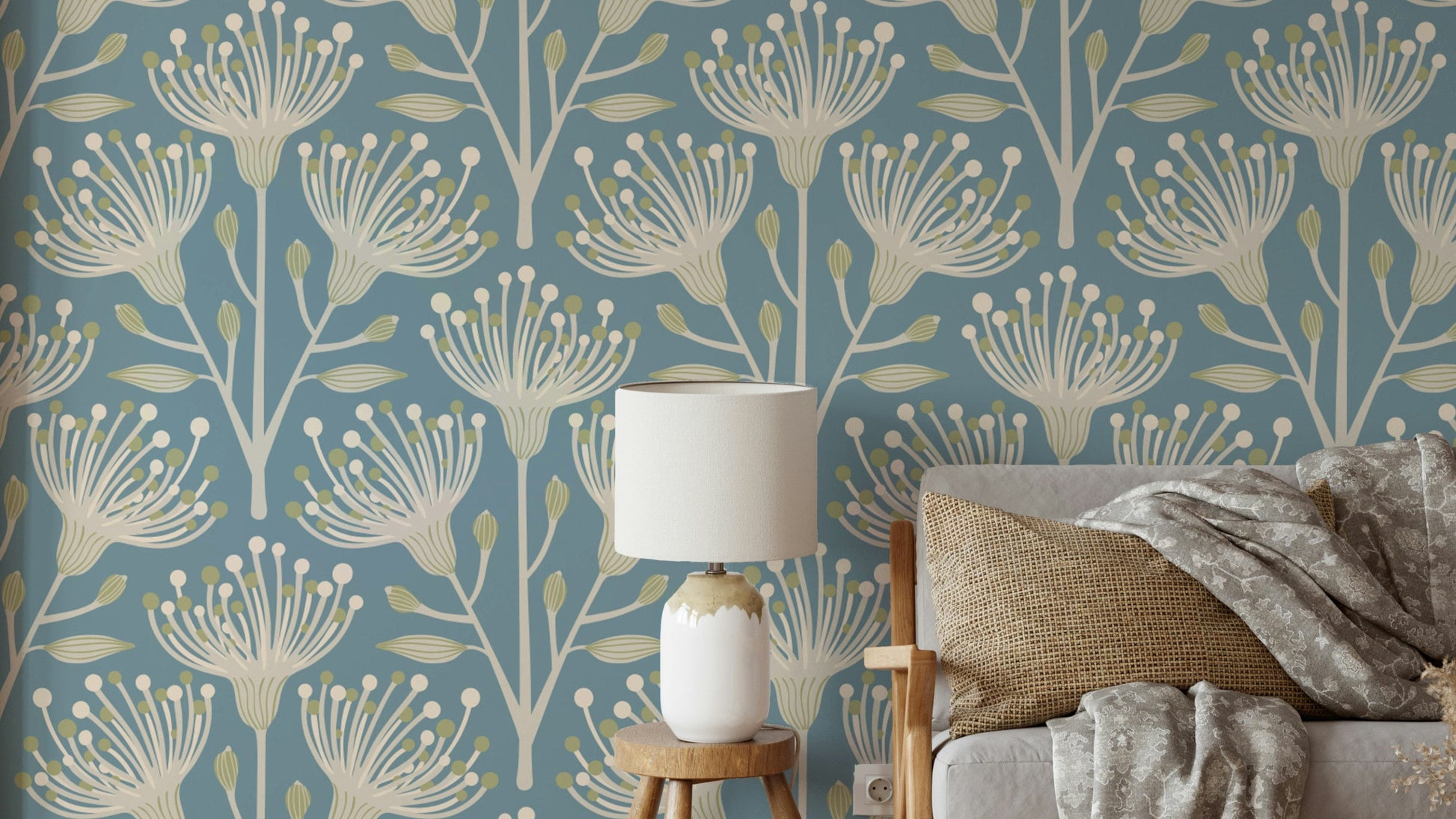 A wall mural of a floral botanical pattern.

