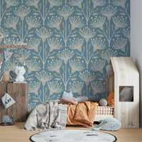 The colors are soft, muted tones of pastel green and white on a pastel blue background.

