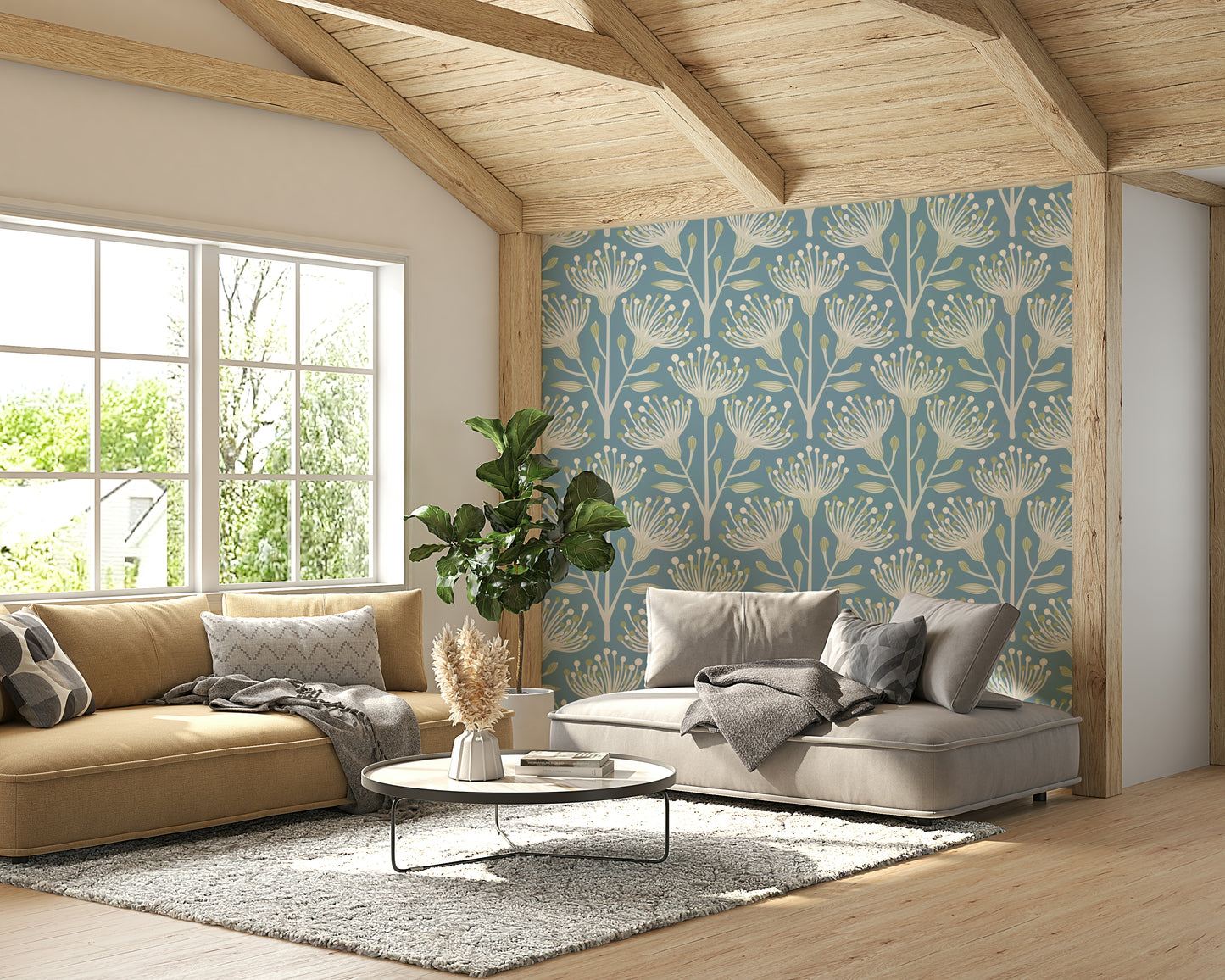 The eucalyptus and floral shapes are a central focus of the image.

