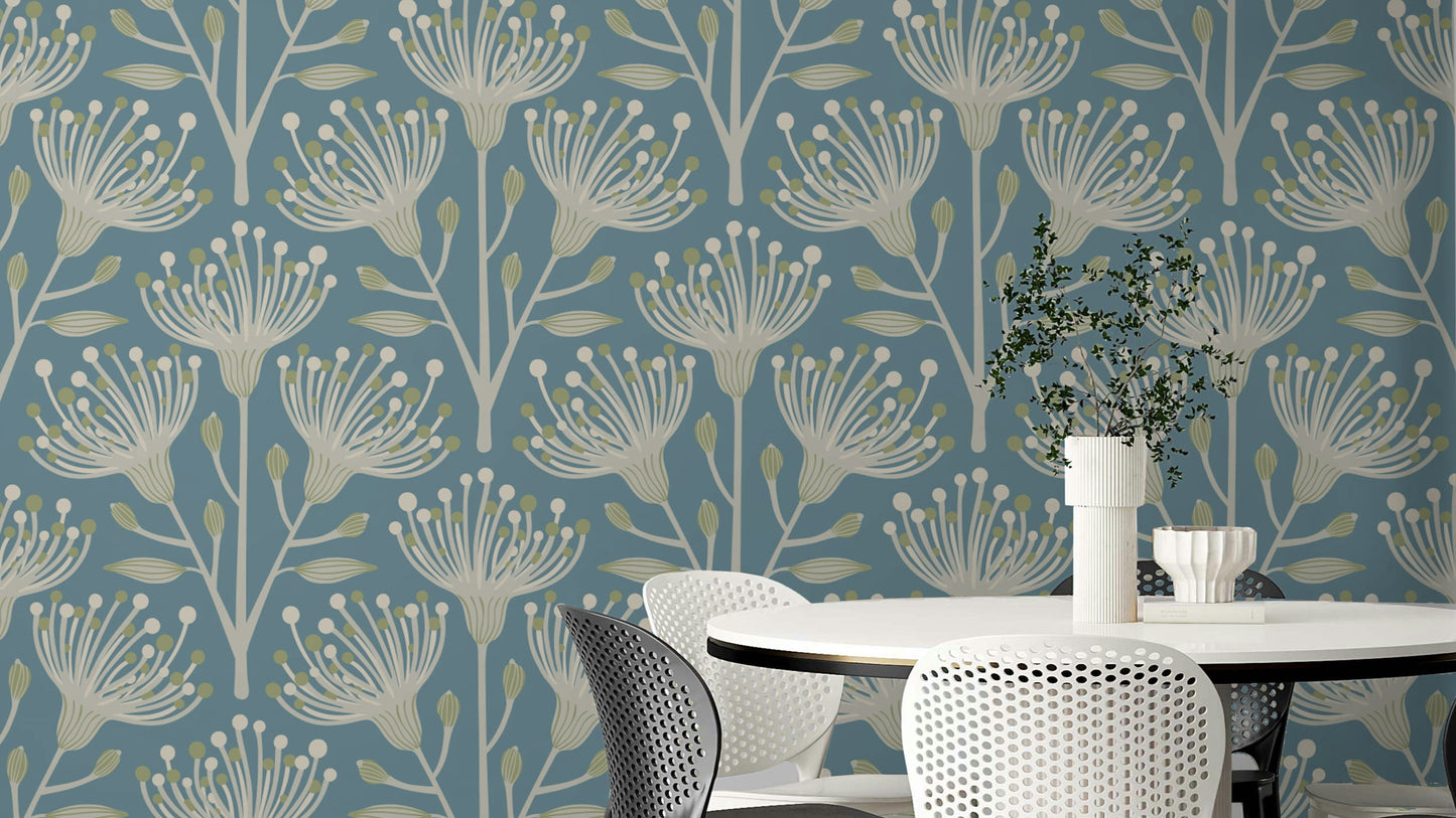 The image shows a peaceful, natural scene with a eucalyptus and floral pattern.

