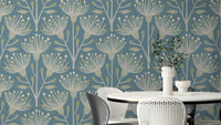 The image shows a peaceful, natural scene with a eucalyptus and floral pattern.

