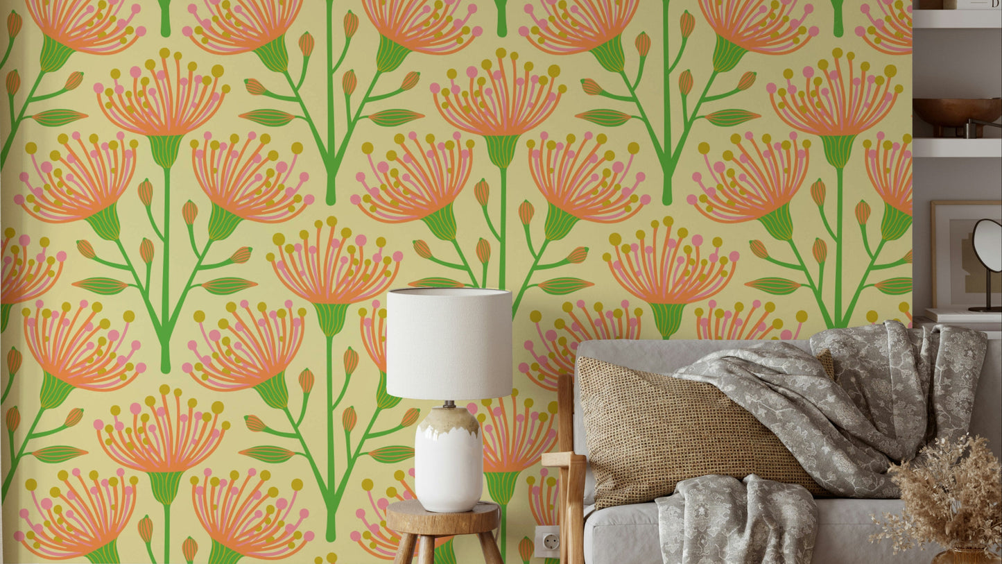 A wall mural of a floral botanical pattern.

