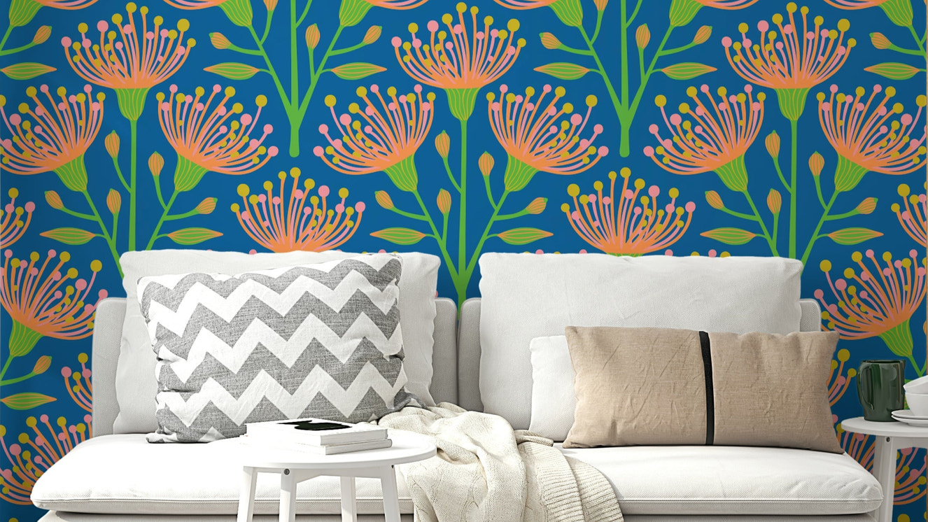 A wall mural of a floral botanical pattern.

