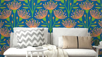 A wall mural of a floral botanical pattern.

