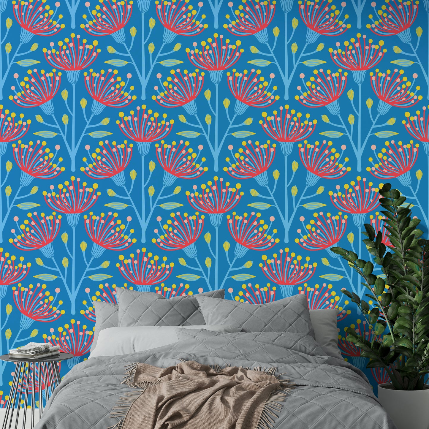 Eucalyptus Floral Botanical Icy Blue Red Yellow Pink on Bright Blue Wallpaper⁠