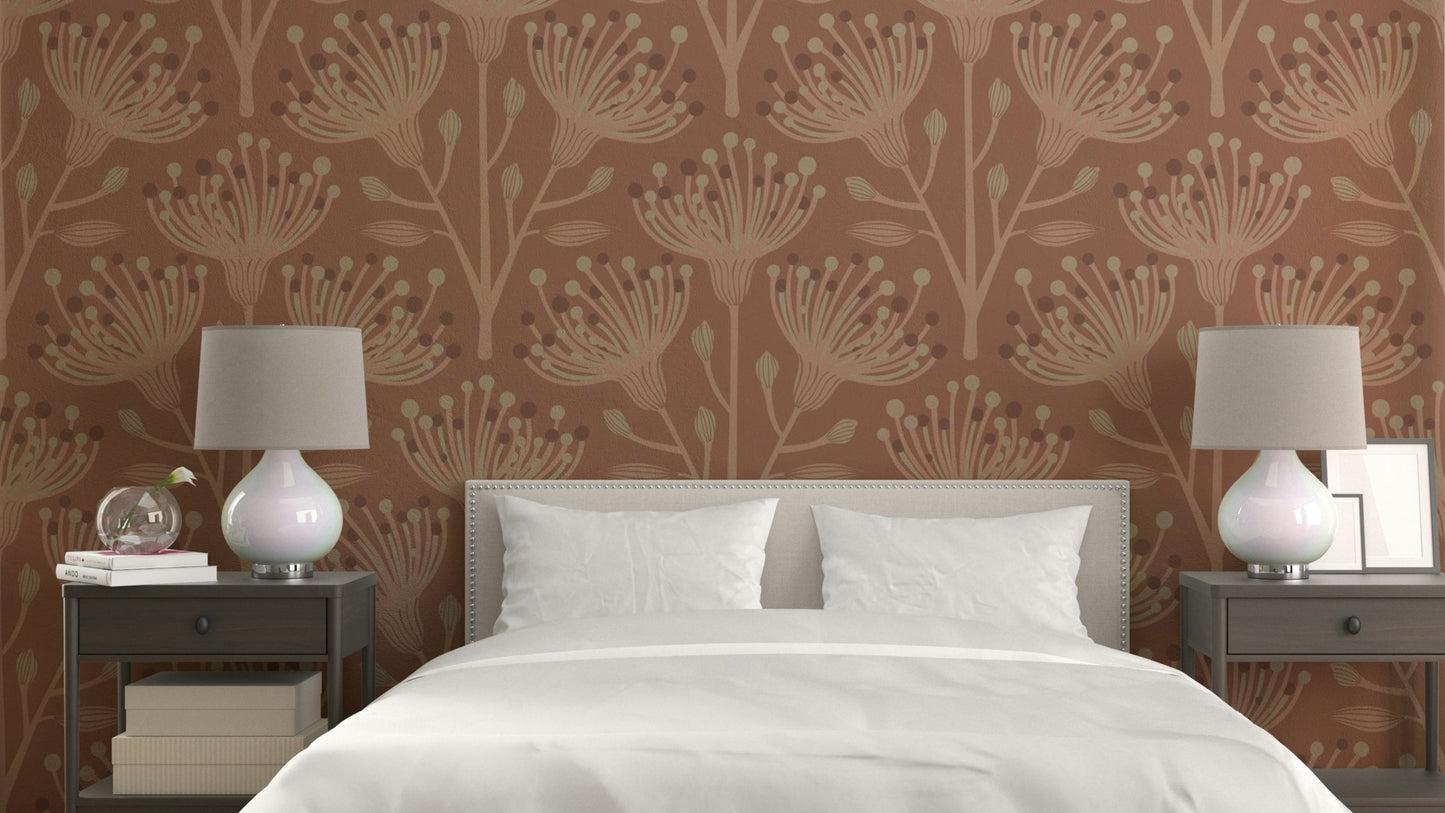 A wall mural of a floral botanical pattern.

