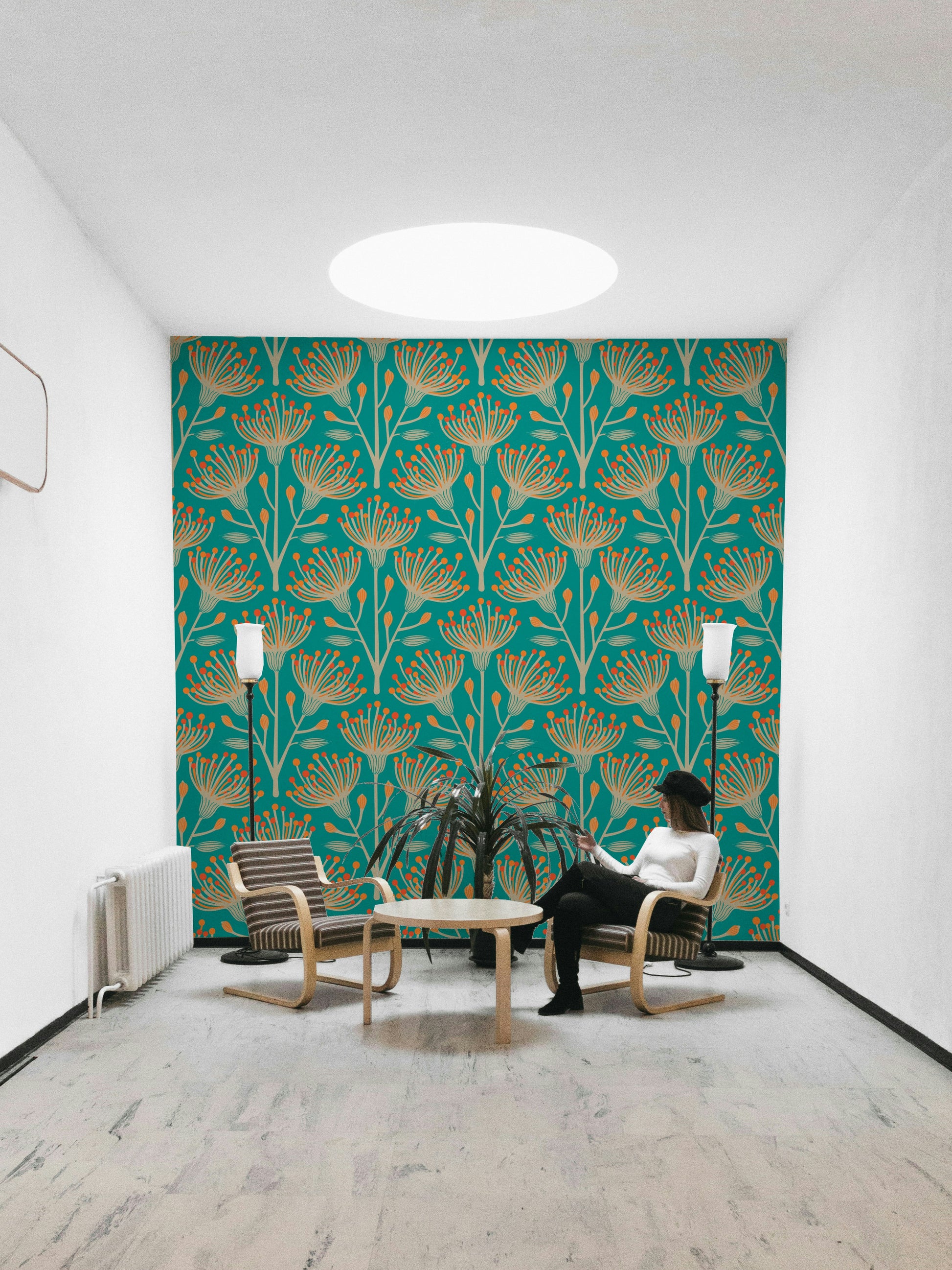 A wall mural of a floral botanical pattern.

