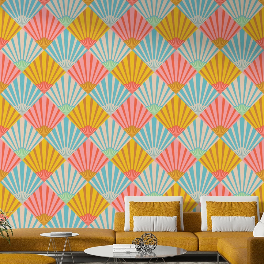 The image shows a peaceful, vintage-style pattern with geometric shapes.

