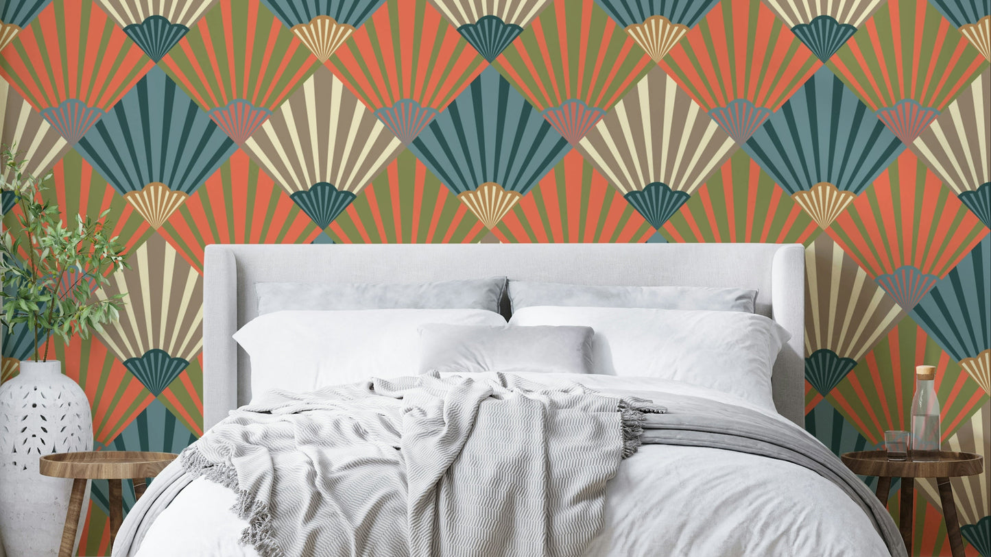 The colors are soft, muted tones of navy blue, orange, green, beige, and cream.

