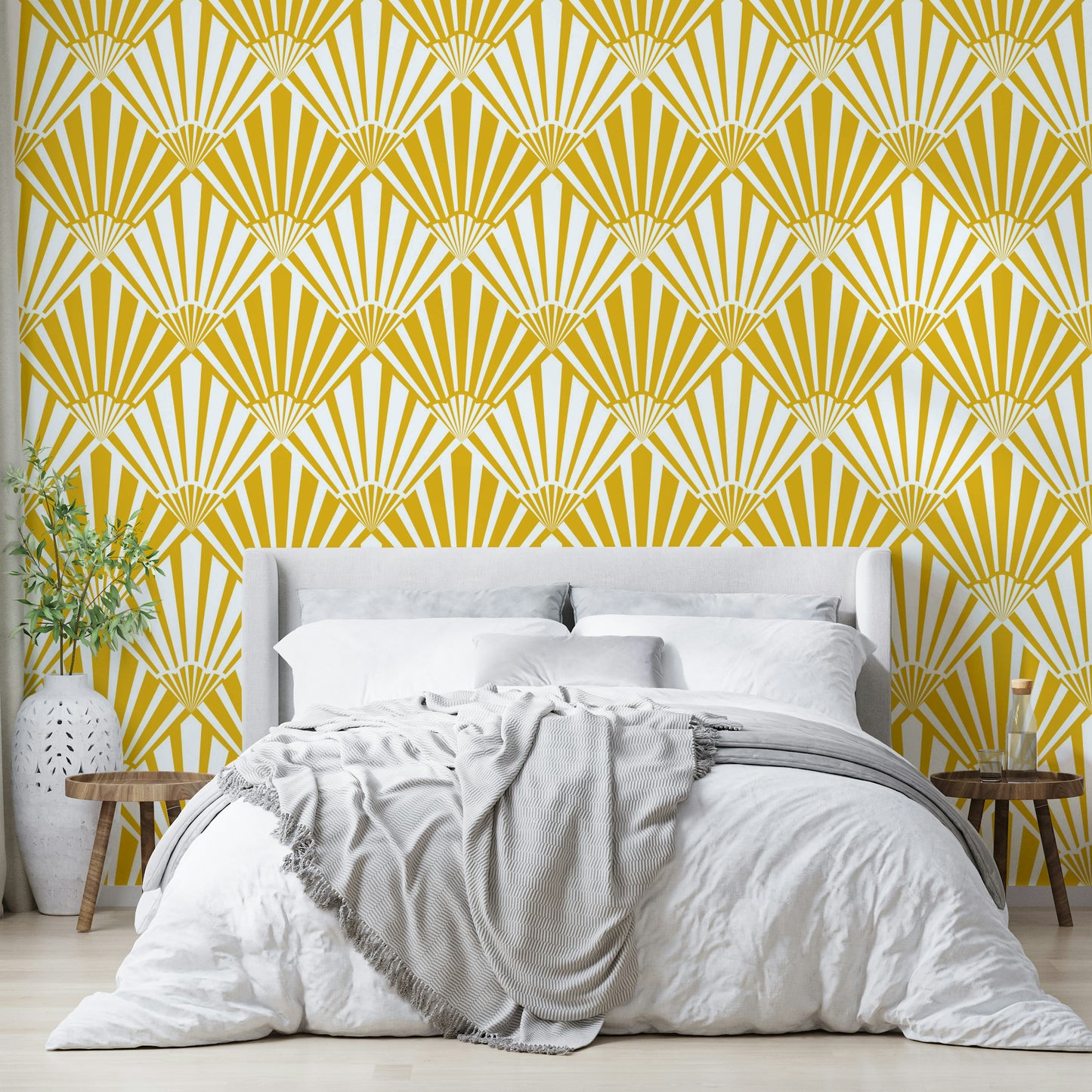 The image shows a peaceful, vintage-style pattern with geometric shapes.

