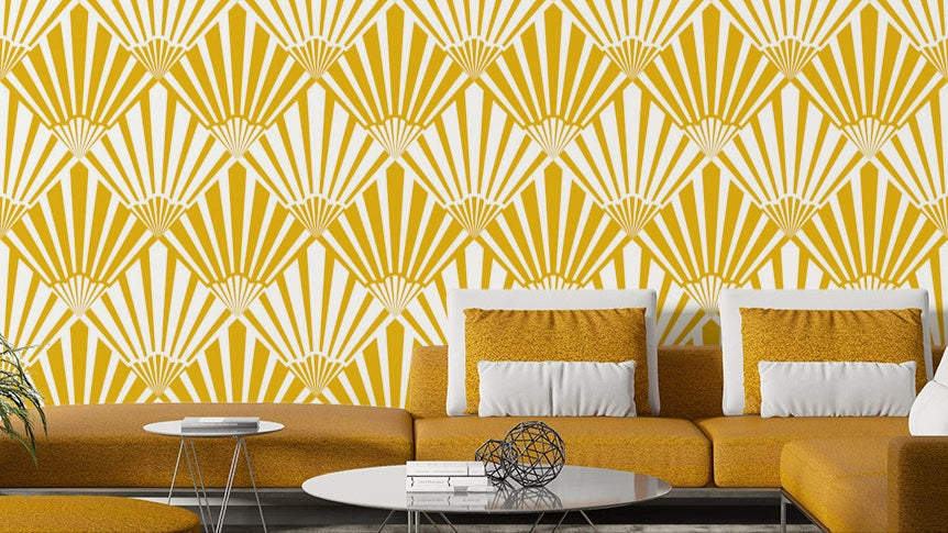 A wall mural of an abstract, geometric pattern.

