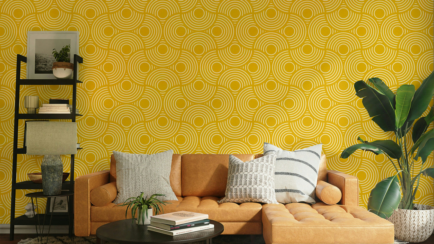 A wall mural of an abstract, geometric pattern.

