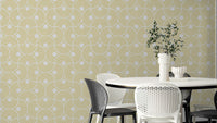 The image shows a peaceful, vintage-style pattern with scalloped shapes.


