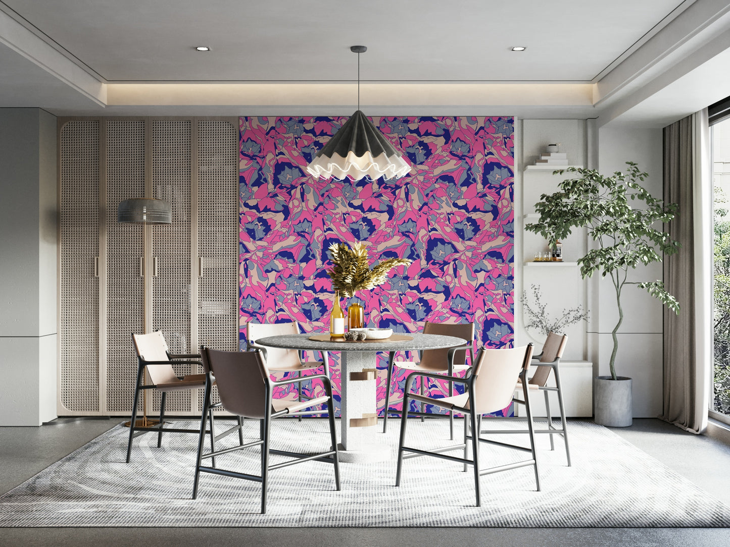 The colors are soft, muted tones of fuchsia pink, lavender, and royal blue.

