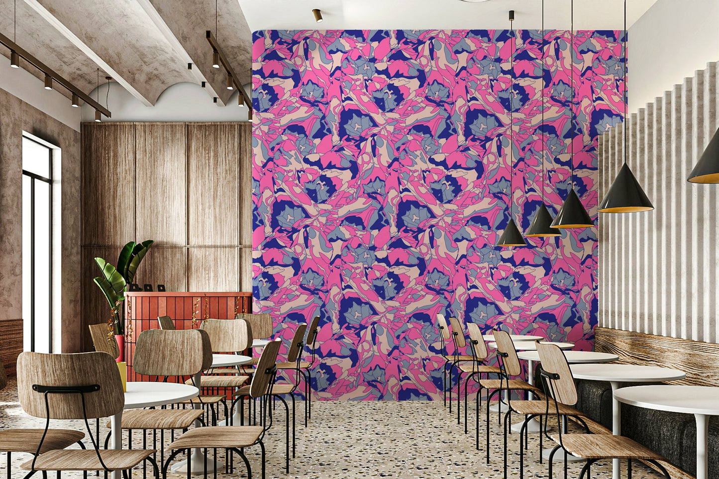 A wall mural of a peaceful floral pattern.

