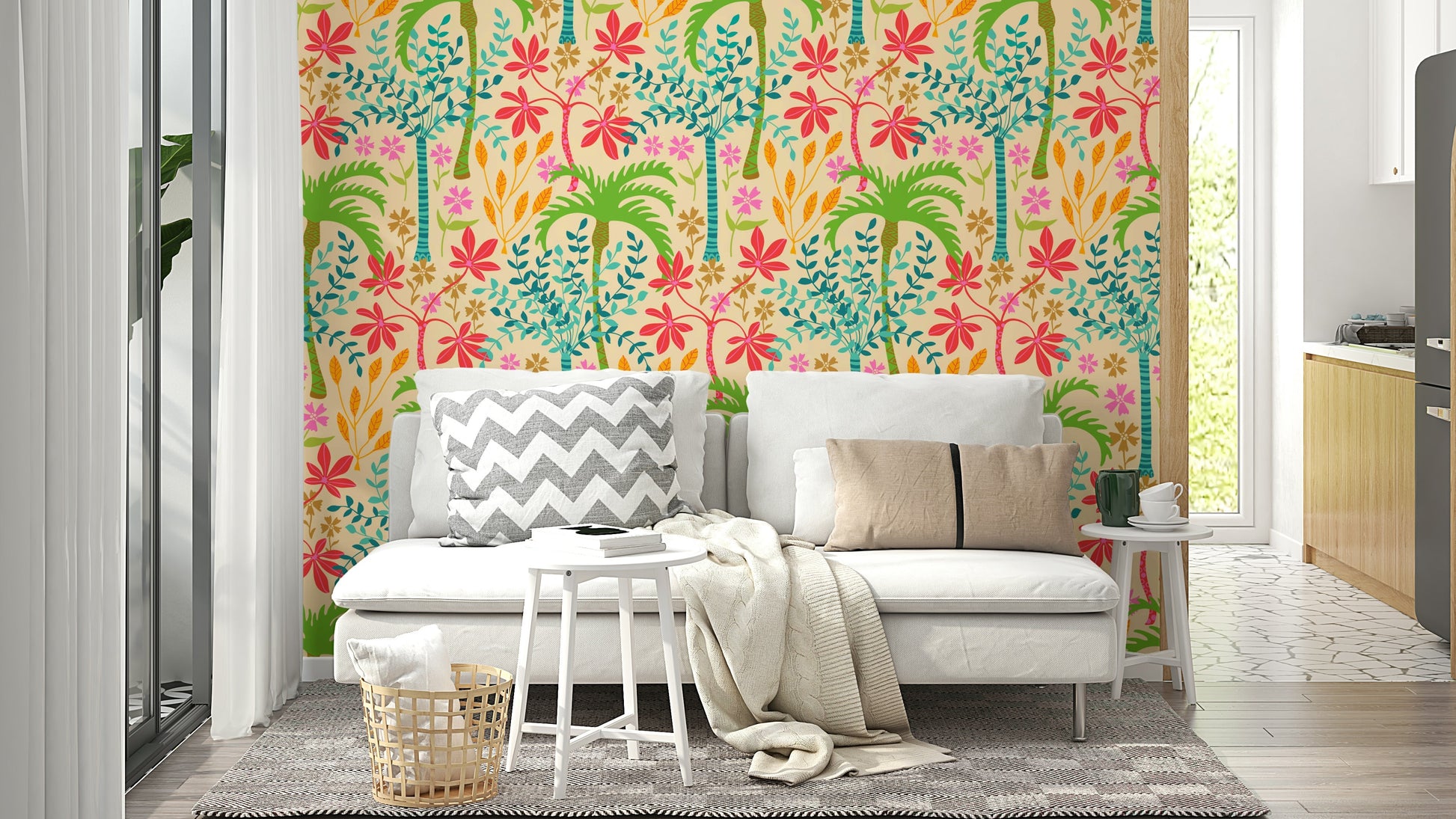 The floral and plant elements are a central focus of the image.

