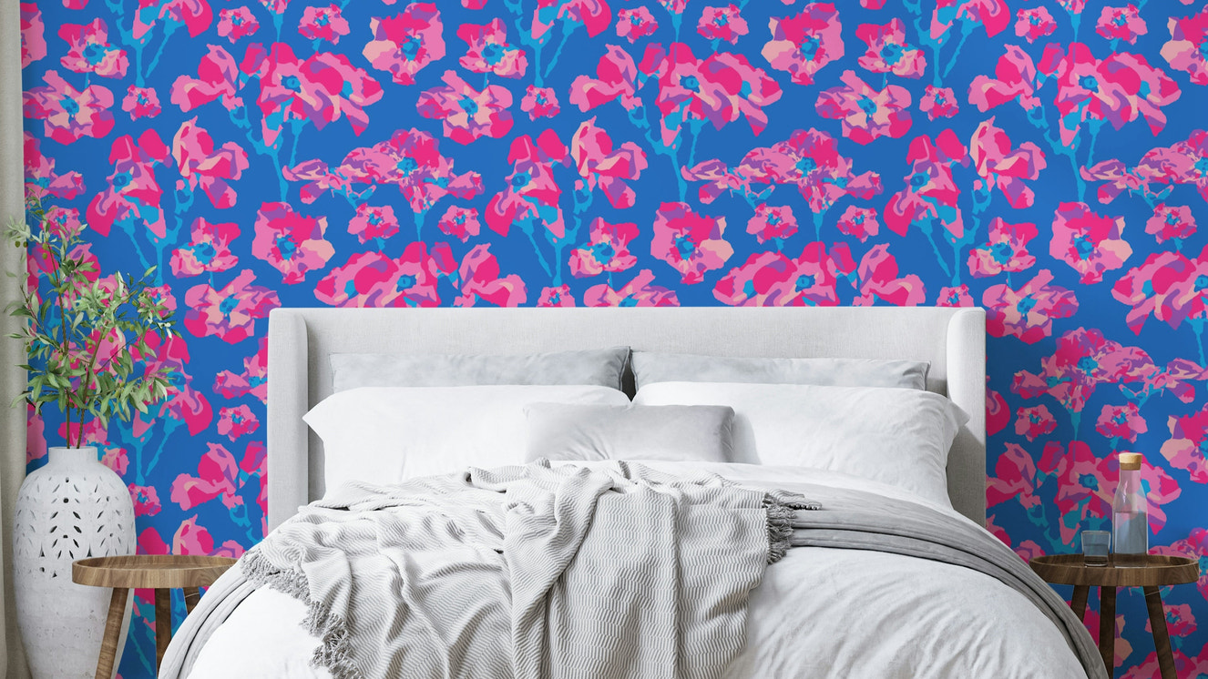 A wall mural of a peaceful floral pattern.

