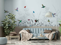 A wall mural of a peaceful hummingbird and foliage pattern.

