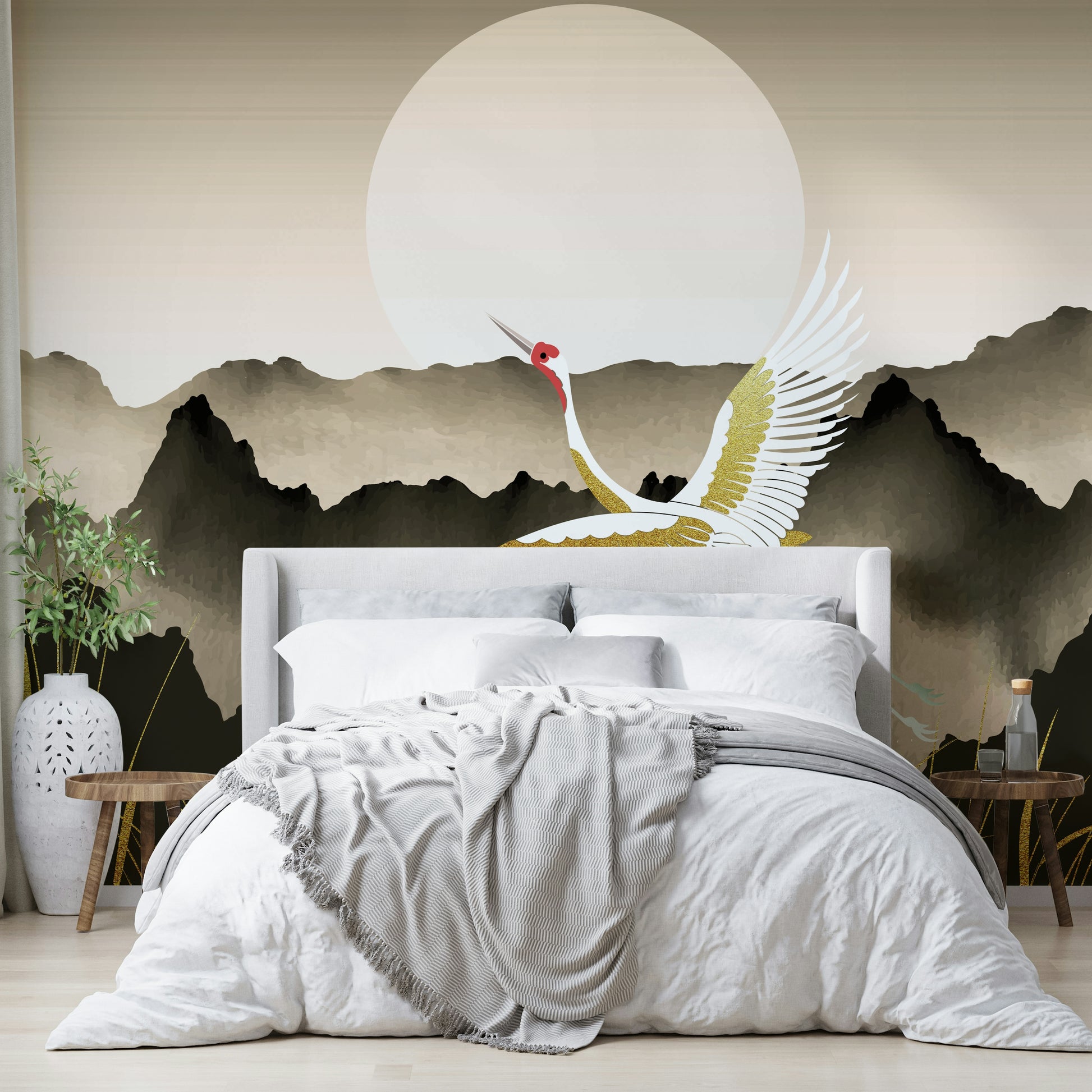 The image shows an artistic impression of a serene landscape with the sun rising.

