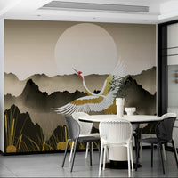 A wall mural of a peaceful oriental landscape at dawn.

